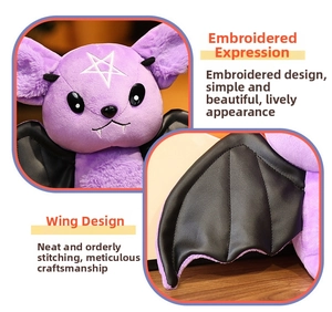 Close-up of purple bat plush toy featuring embroidered facial details and leather wings