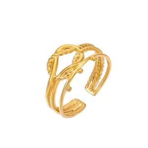 Adjustable 18K gold plated stainless steel ring with braided textures and gold beads