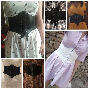 Elastic wide corset belt in black and white with lace-up front detail for women