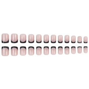 Short square french fake nails in nude with black tips minimalist style set of 24 pieces