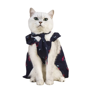 Cute navy blue pet wedding dress with red cherry prints and lace trim for cats and dogs