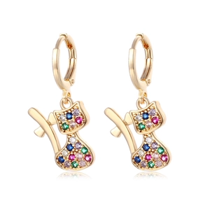 Gold-plated cat dangle earrings encrusted with colorful cubic zirconia and crystals