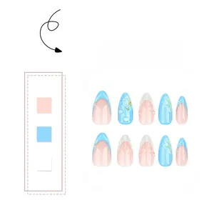 Detail of 3D shell and blue flower patterns on short almond press-on nails