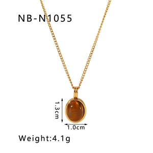 Detail view of 18k gold plated necklace with 1.3cm tiger eye stone pendant and dimensions