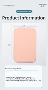 Pink portable mini folding mirror with PU leather cover and 7x11cm dimension details