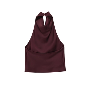 Deep red satin halter neck sleeveless top with a smooth glossy finish on white background