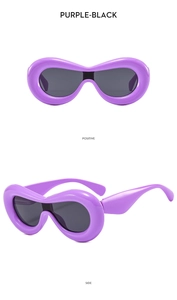 Close-up of Y2K purple thick frame sunglasses with black lenses in front and side views