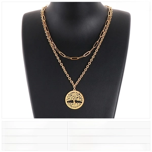 Detailed view of golden double-layer tree of life necklace on black display mannequin