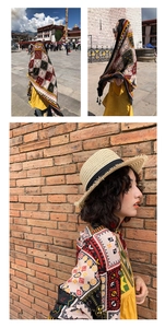 Ethnic style shawl with red patterns and fringe detail shown from multiple outdoor angles