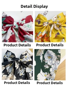Detailed views of vintage floral satin bow hair clips in four elegant color patterns