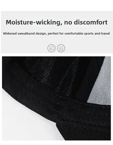 Detail of widened sweatband on black baseball cap with breathable mesh fabric