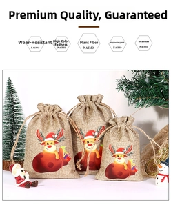 Three sizes of Christmas linen drawstring bags with reindeer print and holiday decorations