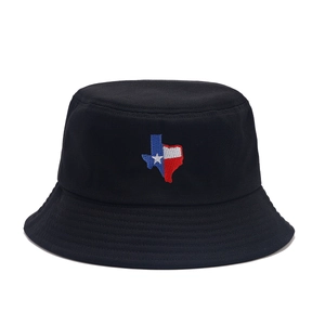 Black cotton bucket hat with Texas state flag embroidery patch for sun protection
