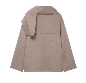 Flat lay back view showing gray wool blend texture and scarf collar of the short coat