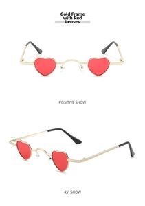 Dual view of heart shaped sunglasses with gold metal frames and red tinted lenses