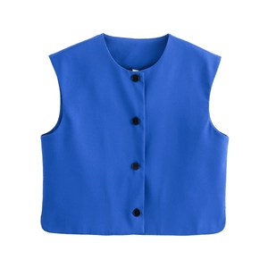Detailed flat lay of a bright blue V-neck sleeveless vest with four black buttons