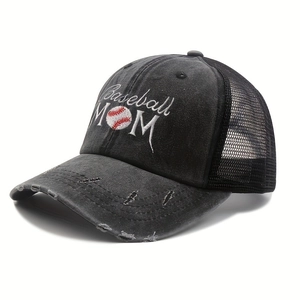 Used-Look Baseball-Cap für Damen mit Baseball MOM Stickerei und schwarzem Netzteil
