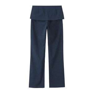 Pantalones anchos de cuadros azules para mujer con capa de falda y cinturón