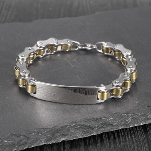 Men's stainless steel bicycle chain bracelet with polished gold and silver ID plate