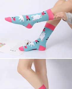 Detail of blue cotton crew socks featuring polar bear embroidery and pink contrast trim