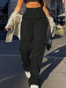 Γυναικείο Παντελόνι Cargo Ψηλόμεσο Streetwear Χαλαρή Εφαρμογή Πολλές Τσέπες Πολυεστέρας Casual Μακρύ Μαύρο