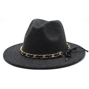 Fedora Hat Woolen Felt Elegant Vintage British Style Jazz Cap With Gold Metal Chain And Ribbon Bow For Men Women