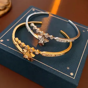 Star Open Cuff Bracelet Real Gold Plated Copper Zircon Pave Set Jewelry For Women Elegant Adjustable Fashion