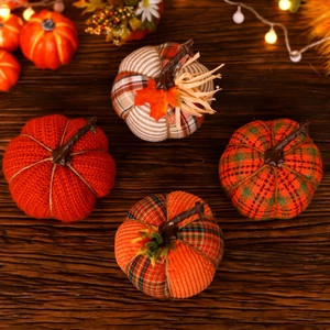 Fabric Pumpkin Desktop Ornament Handmade Plaid Knit Textile Harvest Festival Thanksgiving Halloween Home Tabletop Decor