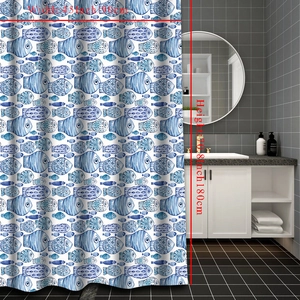 Detail view of 35x70.8 inch shower curtain with blue hand-drawn fish and geometric patterns