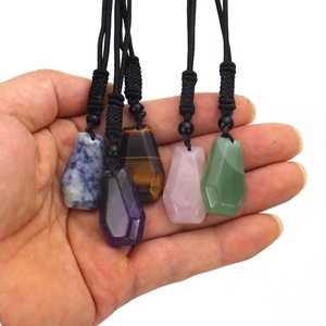 Natural amethyst and rose quartz hexagonal prism pendants with black woven cord