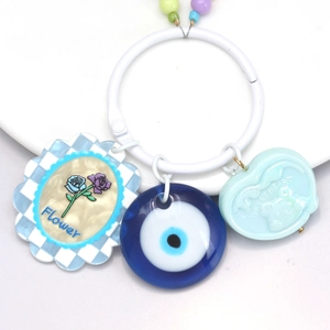 Blue Turkish evil eye keychain with flower charm and sweetheart heart pendant decoration