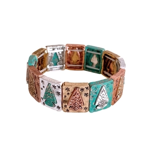 Vintage bohemian stretch bracelet with colorful rectangular metal tiles and arrow relief