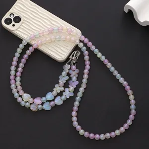 Colorful gradient beaded phone strap with acrylic hearts and butterfly charms, 120cm length
