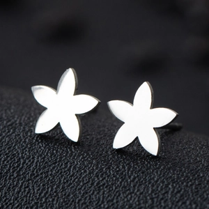 Macro shot of silver stainless steel star-shaped earrings on a black textured surface