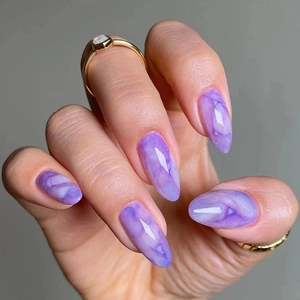 Press On Nails Purple Marble Almond Shape Glossy Full Cover Artificial Fake Nail Tips Manicure Salon Quality Elegant