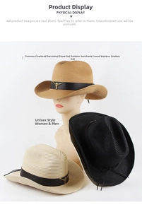 Detail of Western straw hats featuring metal bull head decor and leather bands in three colors