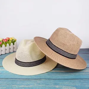 Vintage Men Straw Fedora Hat Sun Protection Large Brim Breathable Panama Beach Fishing Outdoor Summer Sun Cap For Middle Aged