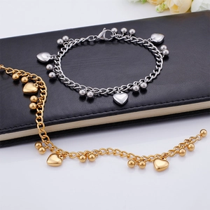 Stainless Steel Heart Pendant Chain Bracelet With Round Beads Fashion Jewelry For Women Elegant Trendy Style