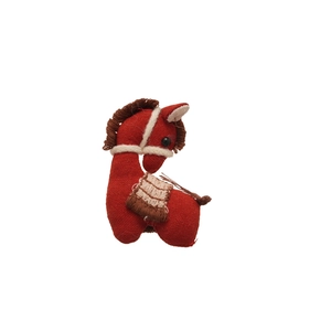 Handmade red fabric horse brooch with knit details and wool mane for zodiac year