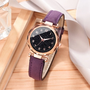 Close-up of starry sky dial with purple leather strap and faceted glass watch face
