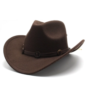 Classic dark brown western cowboy felt hat with leather band and vintage metal buckles