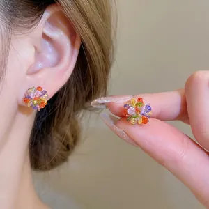 Exquisite crystal flower earrings with colorful beaded cluster design for women