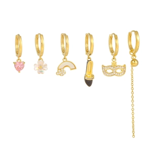 6-piece gold-plated earring set featuring heart, flower, rainbow, and heel charms