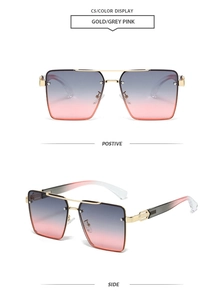 Close-up of square oversized sunglasses C5 in gold frame and grey pink gradient lenses