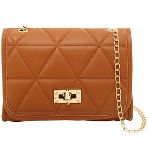 Caramel brown quilted crossbody bag with golden chain strap and geometric pattern