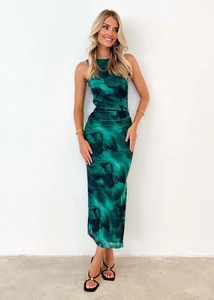 Detail of green and black ink print sleeveless maxi dress with a slim fit and mesh fabric