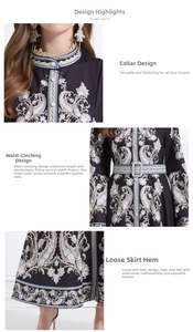 Detail view of retro paisley printed maxi dress with lace high collar and cinched waist