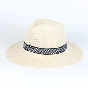 Classic beige straw fedora sun hat with black and white herringbone band for men