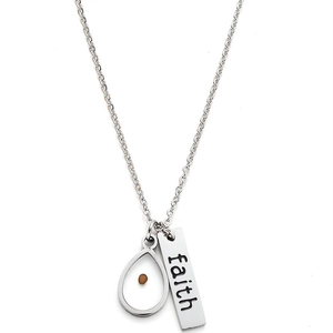 Silver stainless steel chain with mustard seed teardrop and faith engraved bar pendant