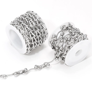 Silver stainless steel geometric chains in mesh and beaded wavy designs on white spools